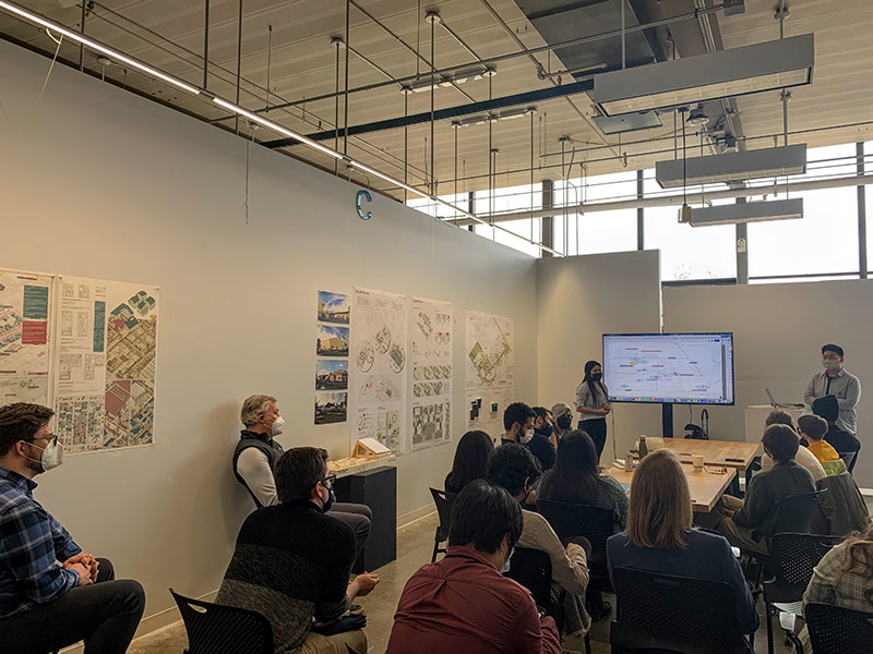 MECC students, faculty, staff and stakeholders participating in the Taubman students’ final studio review.  